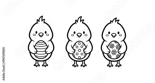Three cartoon cockatiels holding easter eggs and candy