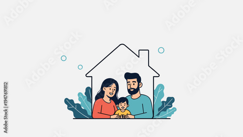 Happy family with father, mother, and child are framed within the simple outline of a house to represent home life and domestic security.