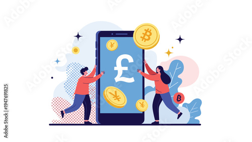 Two people stand beside a large smartphone showing a pound symbol surrounded by floating gold coins and various digital currency icons.