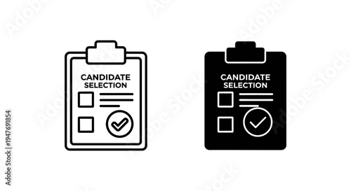 Two black and white icons of candidate selection clipboards with checkboxes