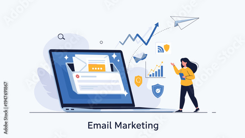 Businesswoman points toward a large laptop showing an email inbox and marketing charts to represent digital communication and email strategy.