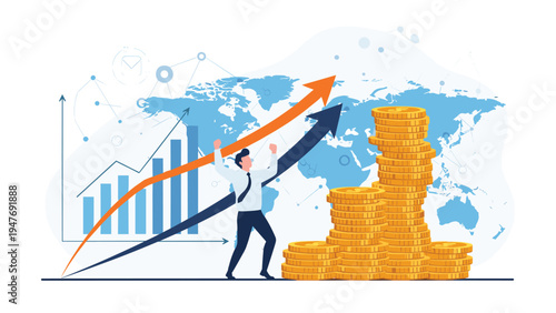Successful professional man celebrates in front of a world map with rising blue and orange growth arrows and stacks of gold coins for profit.