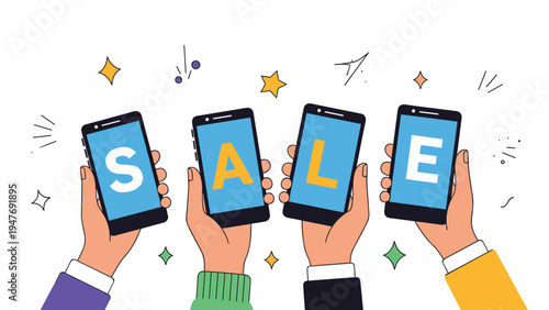 Multiple hands hold up smartphones that collectively spell out the word SALE to represent a collaborative mobile commerce marketing event.