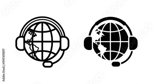 Two black and white icons of a globe with a headset on a for customer service or support concepts globally