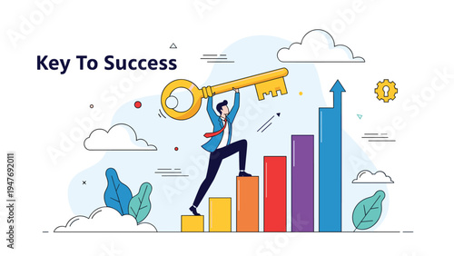 Determined businessman holding giant golden key while climbing bar chart representing steps to achieving corporate success.