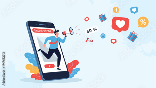 Male character jumping out of smartphone with megaphone to promote online store sales and attract social media engagement.