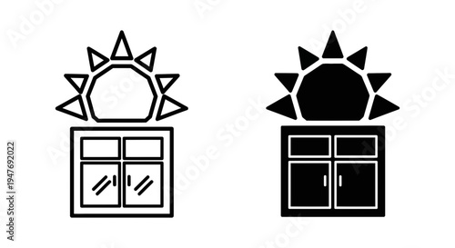Black and white sun icons on building rooftops in simple line art style