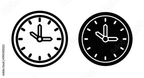 Two clocks with black outlines and white and black faces