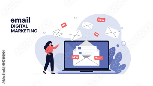 Professional woman managing email digital marketing campaign with envelopes flying out of laptop screen for business outreach.