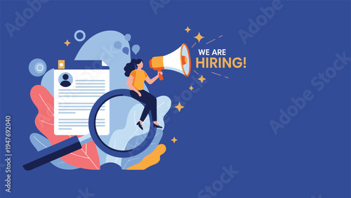 Recruitment specialist sitting on magnifying glass with megaphone announcing job vacancy for new hiring process and career.
