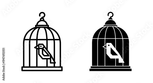 Black and white illustration of two birdcages with birds inside, one in black and one in white
