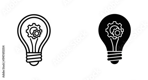 Black and white light bulb icons with gear inside