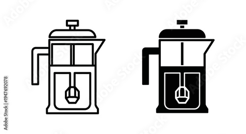 Black and white line art coffee french press icons in outline and solid style