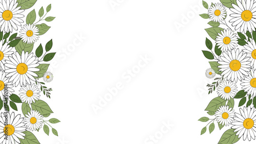 Beautiful floral frame composed of white daisy flowers and green leaves surrounding empty white space for custom text.