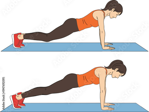 Woman demonstrating push up exercise on yoga mat, step by step fitness workout illustration showing proper body posture and strength training