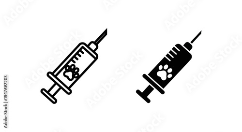 Black and white icons of medical syringes with animal paw prints on them for pet care or veterinary concepts