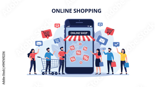 Diverse group of customers enjoying online shopping experience around large smartphone with discounts and store icons.