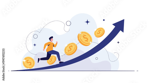 Ambitious businessman running up rising financial arrow with golden dollar coins symbolizing profit growth and success.