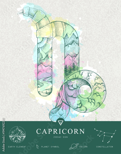 Modern magic witchcraft card with astrology Capricorn zodiac sign characteristic. Hand drawing art product. Vector illustration