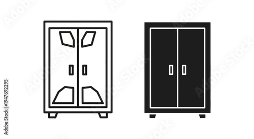 Black and white line drawing of two closets with doors and handles side by side