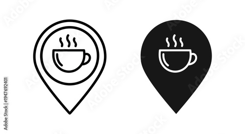 Black and white coffee cup location icons with steam rising