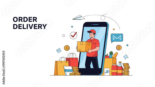 Professional courier emerging from smartphone screen with package to provide fast online order delivery service.