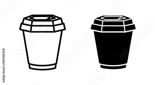 Black and white illustration of disposable coffee cups with lids side by side on a plain white surface