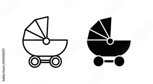 Vector icons of baby stroller and carriage in black and white