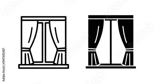 Vector illustration of two windows with closed curtains in black and white