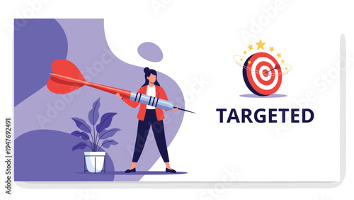 Business woman holding giant red dart aiming for bullseye target to demonstrate precise marketing strategy and goals.
