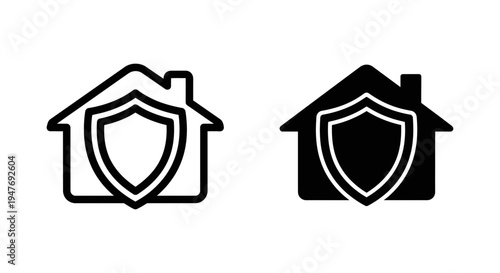 Black and white house shield icons for security and protection concepts