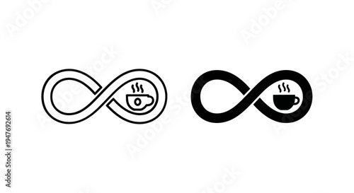 Infinity symbols with coffee cup and tea cup icons in black and white