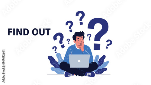 Pensive man sitting with laptop under many question marks trying to find out solutions and answers for business problems.