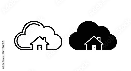 Black and white line icons of house under cloud storage concept