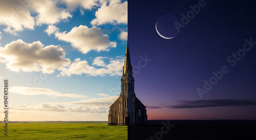 A striking split image of a historic church, showing the same scene transitioning from a bright sunny day with green fields to a serene night with a crescent moon.
