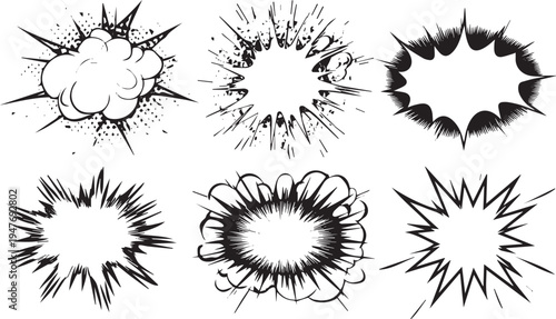 Set of six black and white comic book explosion speech bubbles