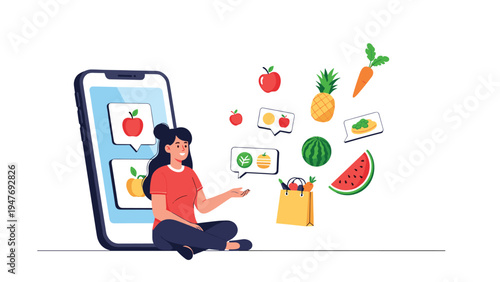 Young woman sitting by large smartphone browsing variety of fresh fruits and grocery items for online shopping convenience.
