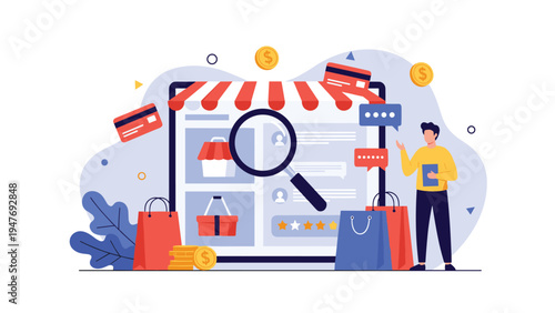 Male customer browsing digital marketplace on laptop screen with credit cards and shopping bags for secure online shopping.