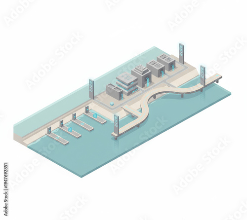 Isometric illustration of a modern marina and waterfront development with piers and buildings