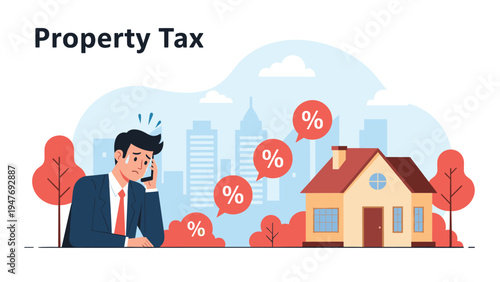 Worried homeowner on phone call discussing increasing property tax percentages near his residential house in the city.