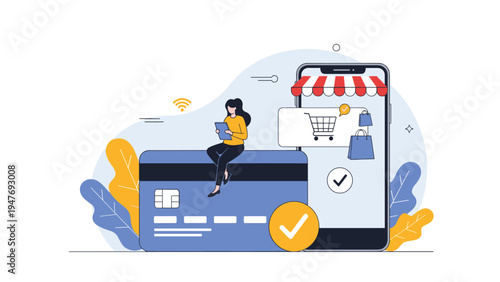 Young woman sitting on large credit card browsing mobile app on smartphone for convenient digital shopping and payment.