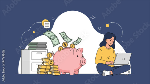 Young woman managing her personal finances and savings while sitting on the floor with a large pink piggy bank and laptop.