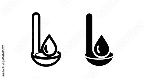 Black and white icons of oil drop in a bowl with spoon