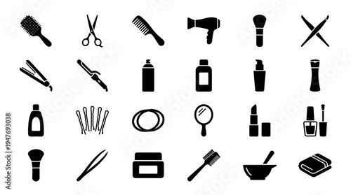 Beauty Salon Haircare Silhouette Icon Set Vector – Hairstyle Cosmetic Service Symbol Collection