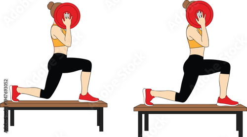 Woman performing weighted bench lunge exercise with plate, lower body strength training workout for legs and glutes vector illustration