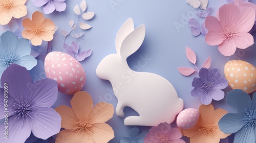 Elegant Easter promotional background with bunny silhouette, decorated eggs, pastel floral design and bright modern composition