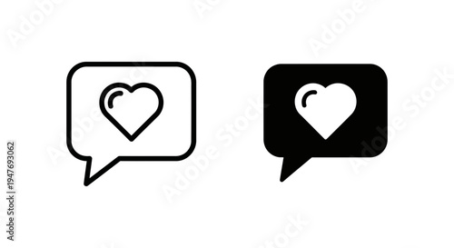Black and white heart speech bubble icons for chat and love symbol for communication