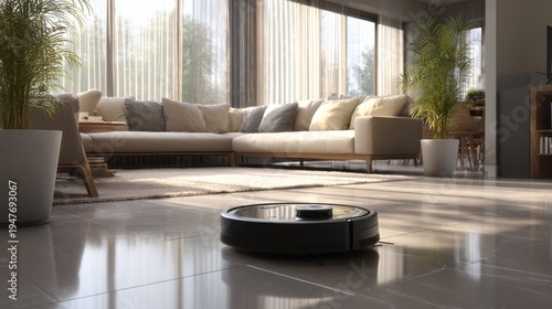 Modern ai robot vacuum cleaning a bright living room with contemporary interior design