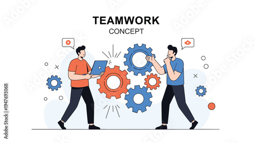 Professional team members collaborating on a project with gears and a laptop to illustrate the concept of effective business teamwork.