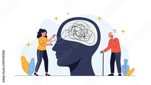 Mental health professional helping a senior man by untangling complex thoughts represented as colorful messy lines inside a human head.